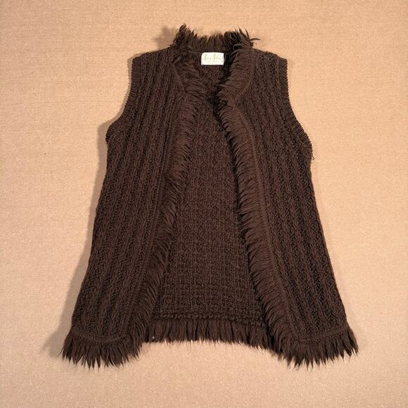 Vintage 60s Ann Arbor Brown Wool Fringe Knit Vest Boho Hippie Made in USA XS - Picture 2 of 8